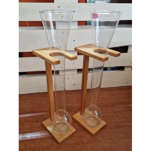 17 - 2 x Half Yard of Ale Beer Glasses / Propagation Vases on Wooden Stands, (Approx. H: 59cm each), (2)