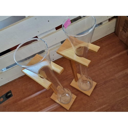 17 - 2 x Half Yard of Ale Beer Glasses / Propagation Vases on Wooden Stands, (Approx. H: 59cm each), (2)