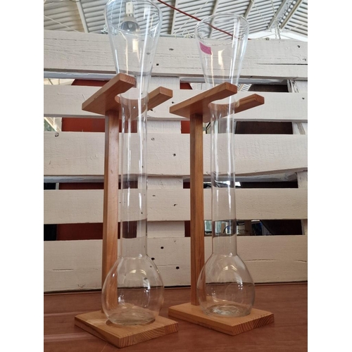 17 - 2 x Half Yard of Ale Beer Glasses / Propagation Vases on Wooden Stands, (Approx. H: 59cm each), (2)