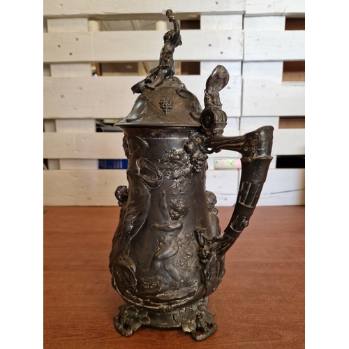 174 - Antique German Silver Plated Figural Lidded Stein / Pitcher / Tankard with Artistic Embossed Figures... 