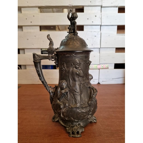 174 - Antique German Silver Plated Figural Lidded Stein / Pitcher / Tankard with Artistic Embossed Figures... 