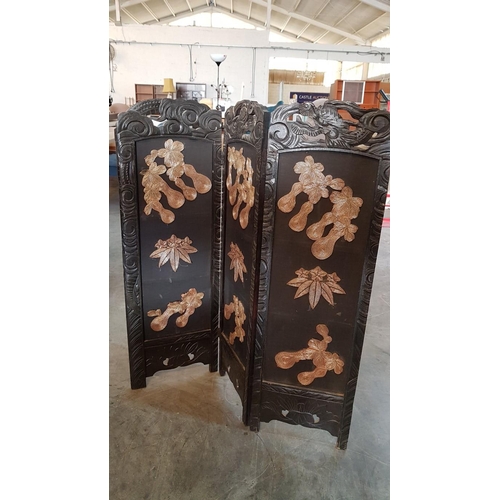 205 - Oriental Carved Wood and Embroidered Wooden Screen / Room Divider, 3 x Panels, with Gold Tones and F... 