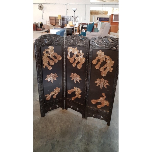 205 - Oriental Carved Wood and Embroidered Wooden Screen / Room Divider, 3 x Panels, with Gold Tones and F... 