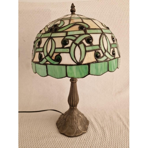 123 - Tiffany Style Side / Table Lamp with Green & Cream Tone Leaded Glass Over Brass Effect Base