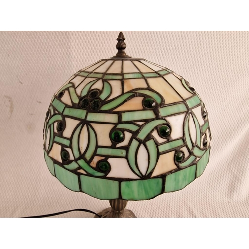 123 - Tiffany Style Side / Table Lamp with Green & Cream Tone Leaded Glass Over Brass Effect Base