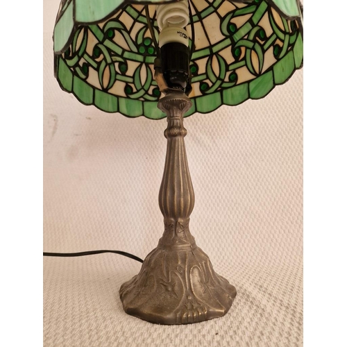 123 - Tiffany Style Side / Table Lamp with Green & Cream Tone Leaded Glass Over Brass Effect Base