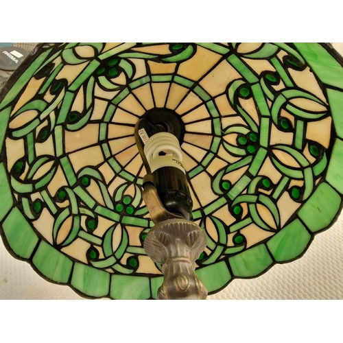 123 - Tiffany Style Side / Table Lamp with Green & Cream Tone Leaded Glass Over Brass Effect Base