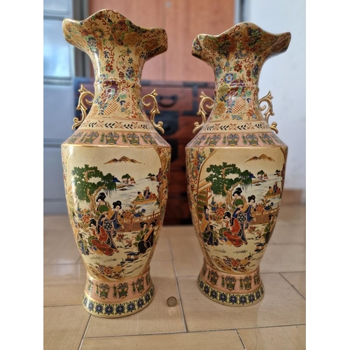 121 - Pair of Highly Decorated Satsuma Style Hand Painted Chinese Vases, (Approx. H: 60cm each), (2)