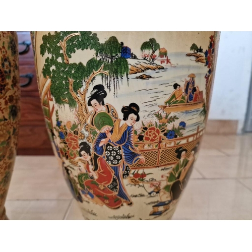 121 - Pair of Highly Decorated Satsuma Style Hand Painted Chinese Vases, (Approx. H: 60cm each), (2)