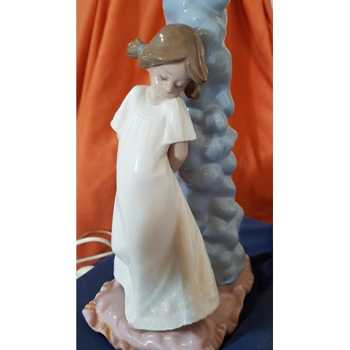 15 - Nao Porcelain Table Lamp with Shade, Featuring 'Girl on her way to bed', (Approx. 40 x 14cm Overall)... 