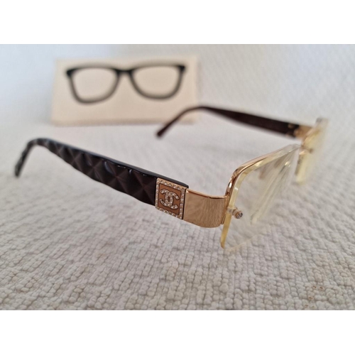 145 - Chanel Glasses with Gold Tone Frames, Diamond Effect 'CC' and Brown Colour 'Quilted' Arms, Made in I... 