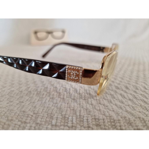 145 - Chanel Glasses with Gold Tone Frames, Diamond Effect 'CC' and Brown Colour 'Quilted' Arms, Made in I... 