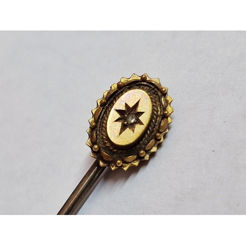 158 - Antique 15ct Gold and Diamond Tie Pin / Stick Pin, (Approx. L: 63mm, Total Weight 1.7g)