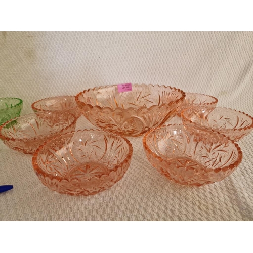 169 - 2 x Retro Glass Sets of Fruit / Serving Bowl and 6 x Dishes, in Uranium and Cranberry Colour, (12)