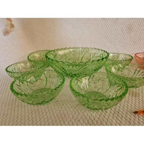 169 - 2 x Retro Glass Sets of Fruit / Serving Bowl and 6 x Dishes, in Uranium and Cranberry Colour, (12)