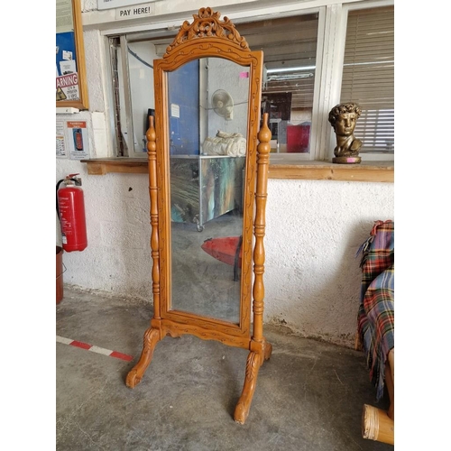 170 - Classical Style Carved Wood Floor Standing Cheval Mirror with Decorative Temple