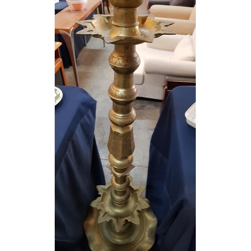 171 - Decorative Traditional Brass Tripod Floor Standing Oil Lamp with Rooster on Top, (a/f)