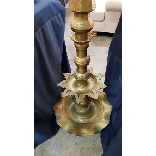 171 - Decorative Traditional Brass Tripod Floor Standing Oil Lamp with Rooster on Top, (a/f)