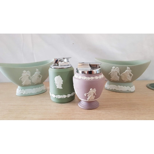 201 - Wedgwood Jasperware & Ronson Table Lighters in Green and Lilac Colours with Decorative White Relief,... 