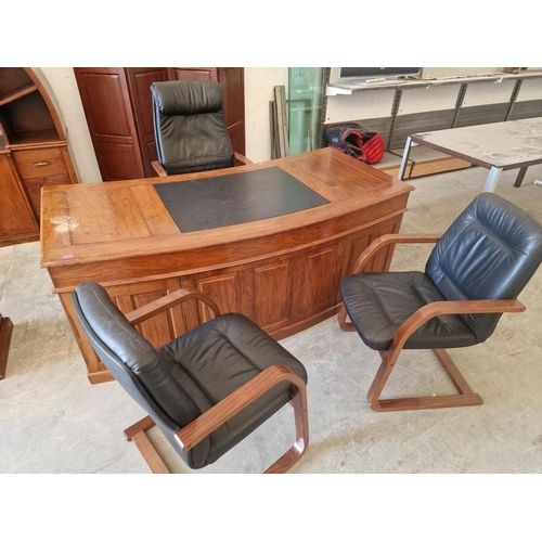 136 - Impressive Solid Wood Curved / Bow Front Executive Desk with Inset Black Leatherette Writing Pad and... 