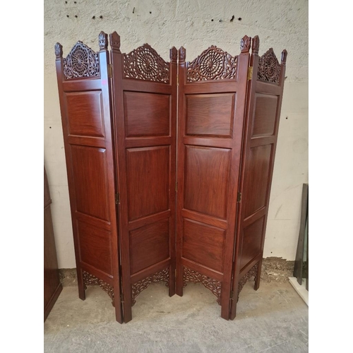 139 - Solid Wood 4-Part Folding Screen / Room Divider with Pierced Carvings Below & Above the 3-Panels, (A... 