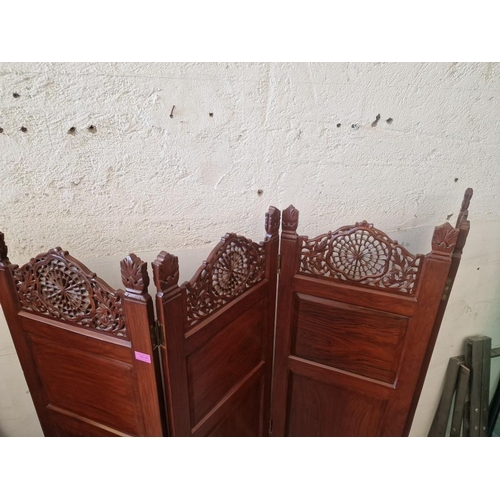 139 - Solid Wood 4-Part Folding Screen / Room Divider with Pierced Carvings Below & Above the 3-Panels, (A... 