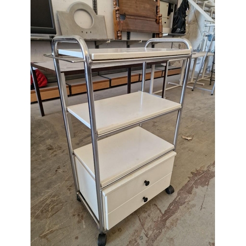 142 - 3-Tier Trolley with 2-Drawers, White Finish with Chrome Frame, on Wheels, (Approx. 67 x 34 x 103cm)