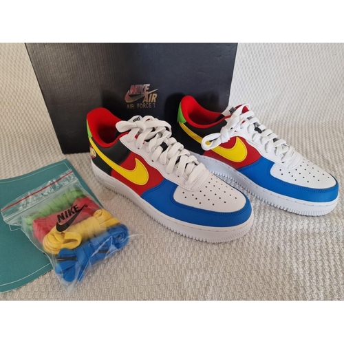 159 - Nike Air Force 1 07 QS 'UNO' 50th Anniversary Trainers / Sneakers, White with Yellow Zest, (DC8888-1... 