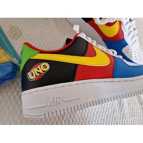 159 - Nike Air Force 1 07 QS 'UNO' 50th Anniversary Trainers / Sneakers, White with Yellow Zest, (DC8888-1... 