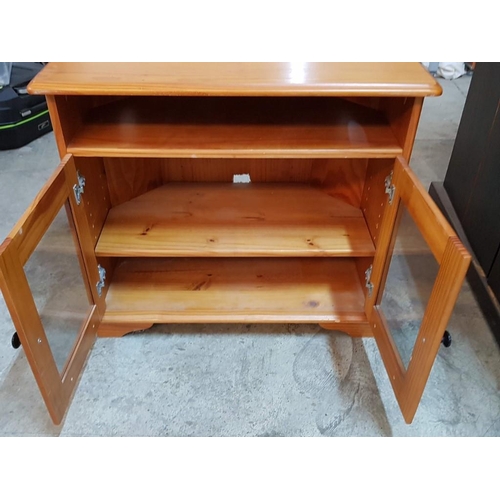 709 - Pine TV Unit with Double Glass Doors, (Approx. 75 x 42 x 67cm Overall)