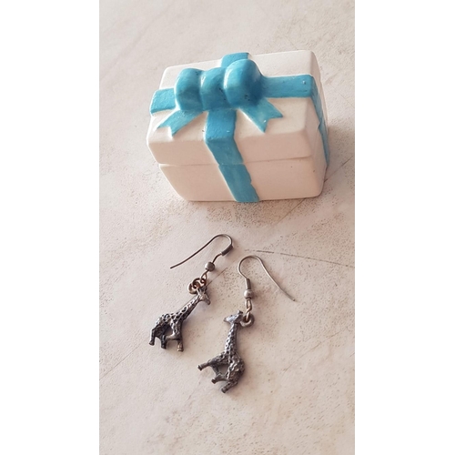 695 - Pair of Dangling Giraffe Earrings, Believed to be Silver, in Small Ceramic Trinket Box