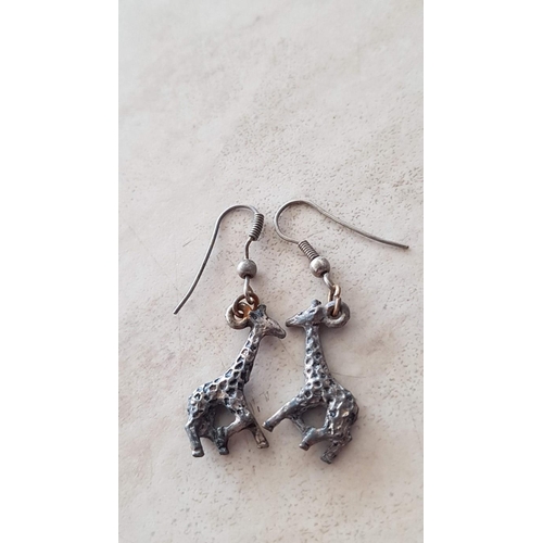 695 - Pair of Dangling Giraffe Earrings, Believed to be Silver, in Small Ceramic Trinket Box