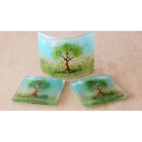 696 - Art Glass Hand Made 'Landscape Curve with Tree', (Approx. 12.5 x 10cm), Together with 2 x Decorative... 