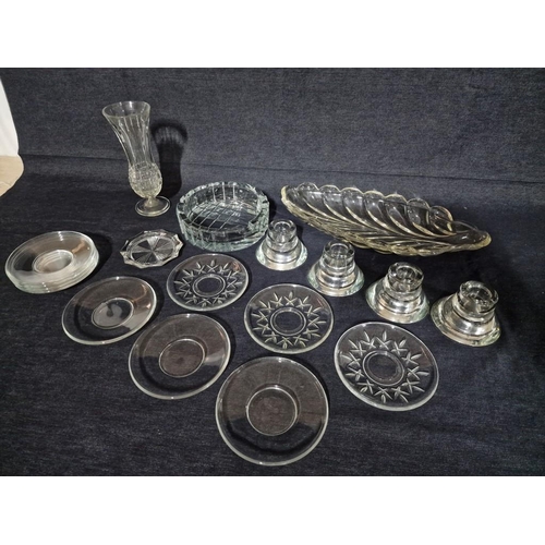 670 - Collection of Assorted Crystal & Glassware; Vase, Ash Tray, Leaf Shape Bowl, 4 x Designer Candle Hol... 