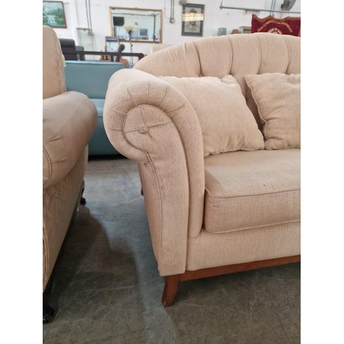 664 - Classical Style Cream Colour 3 Seat and 2 Seat Sofas, with Scroll Arms, Button Back and Short Wooden... 