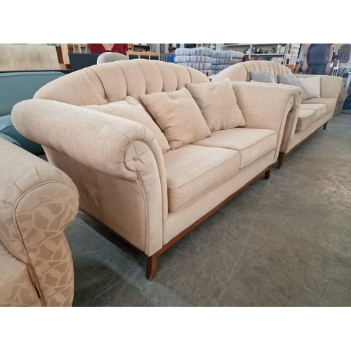 664 - Classical Style Cream Colour 3 Seat and 2 Seat Sofas, with Scroll Arms, Button Back and Short Wooden... 