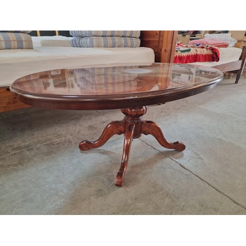 665 - Classical Style Dark Wood Oval Coffee Table with Carved Pedestal Leg, (a/f: Top discoloured or stain... 