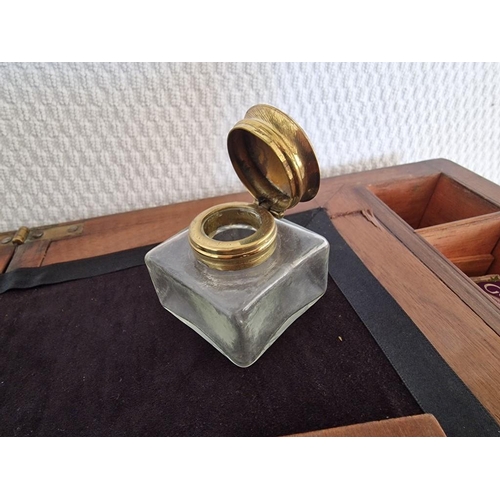 725 - Antique Brass Bound Writing Slope / Travelling Table-Top Opening Box with Sloping Fabric Writing Pad... 