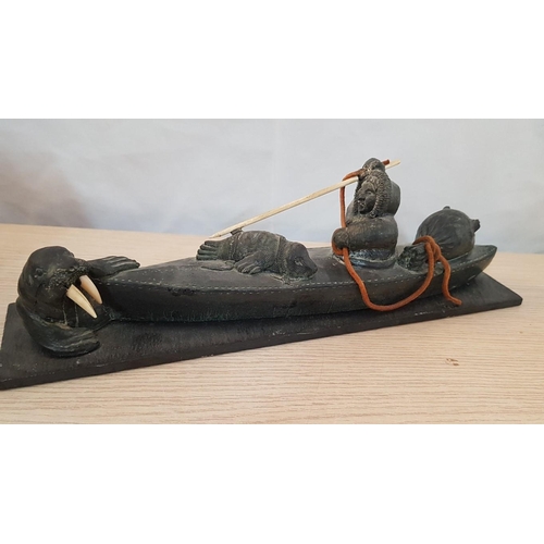 735 - Soapstone Carving of Eskimo Seal Hunting, Hand Made in Canada, Circa 1970's, 'A Wolf Original', (App... 