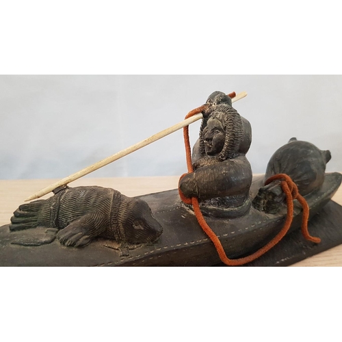 735 - Soapstone Carving of Eskimo Seal Hunting, Hand Made in Canada, Circa 1970's, 'A Wolf Original', (App... 