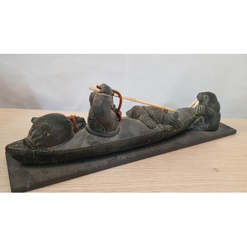 735 - Soapstone Carving of Eskimo Seal Hunting, Hand Made in Canada, Circa 1970's, 'A Wolf Original', (App... 