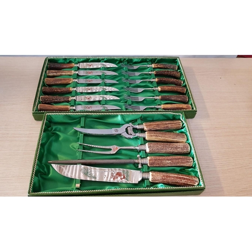 737 - Vintage Solingen Deer-Antler Handled Cutlery and Serving Set in Original Fitted Boxes, Made in Germa... 