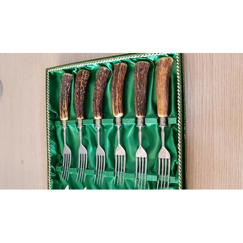 737 - Vintage Solingen Deer-Antler Handled Cutlery and Serving Set in Original Fitted Boxes, Made in Germa... 