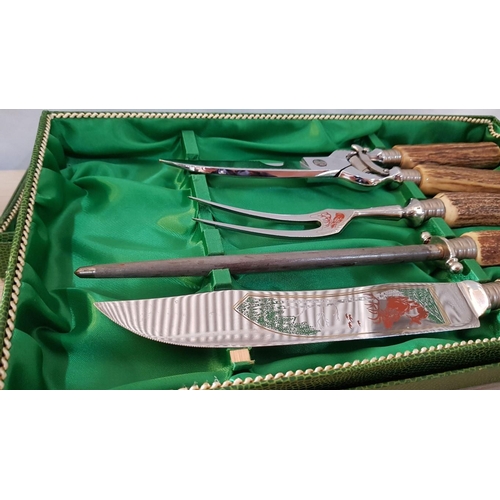 737 - Vintage Solingen Deer-Antler Handled Cutlery and Serving Set in Original Fitted Boxes, Made in Germa... 