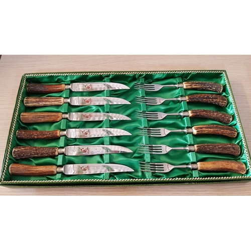 737 - Vintage Solingen Deer-Antler Handled Cutlery and Serving Set in Original Fitted Boxes, Made in Germa... 