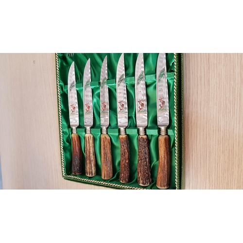 737 - Vintage Solingen Deer-Antler Handled Cutlery and Serving Set in Original Fitted Boxes, Made in Germa... 