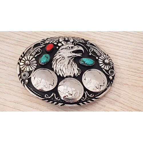 741 - Vintage Eagle Belt Buckle; Handcrafted Native American, Oval Shape White Metal with Inset Turquoise ... 