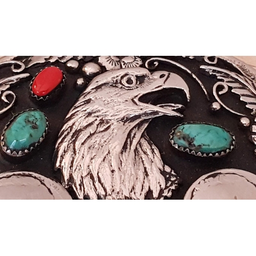 741 - Vintage Eagle Belt Buckle; Handcrafted Native American, Oval Shape White Metal with Inset Turquoise ... 