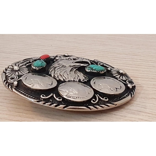 741 - Vintage Eagle Belt Buckle; Handcrafted Native American, Oval Shape White Metal with Inset Turquoise ... 