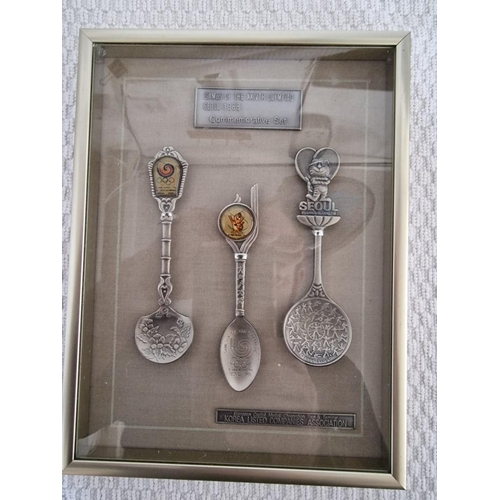 747 - Framed Set of 3 x Souvenir Spoons From the Seoul Olympics in Korea (1988), (Approx. 16 x 22cm)